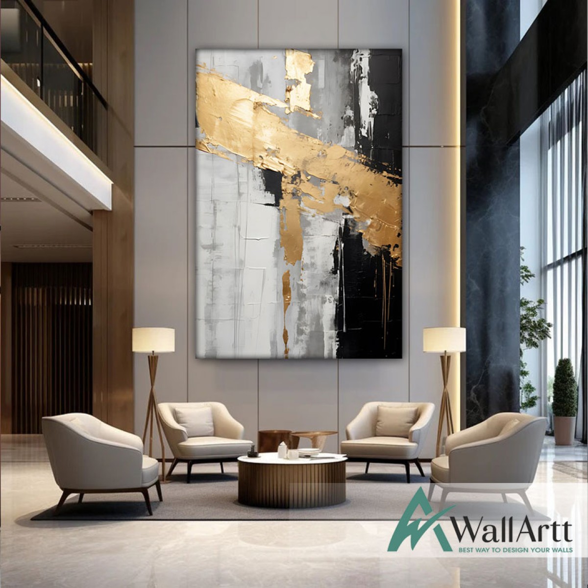 Black with Gold Foil 3d Heavy Textured Partial Oil Painting - Wall Art